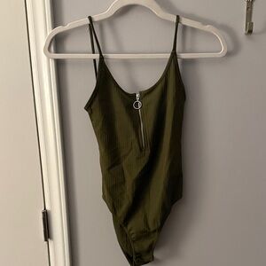 Topshop Khaki Bodysuit with Front Zipper